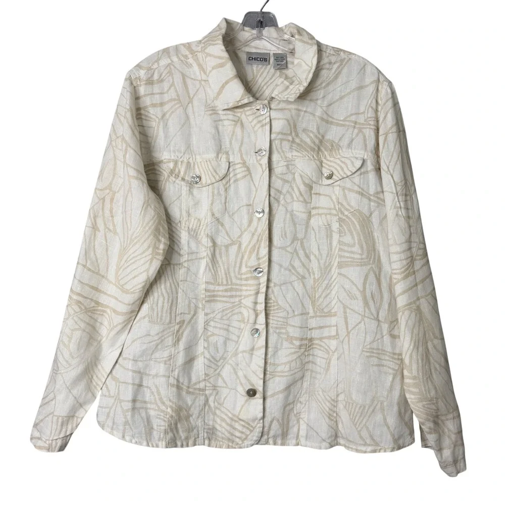 Chico's 100% Linen Trucker Jacket Shacket Womens L‎ White Beige Printed Boho